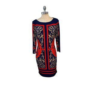 Cache Baroque Print Sheath Dress Navy/Orange 3/4 Sleeves Polyester/Spandex Large